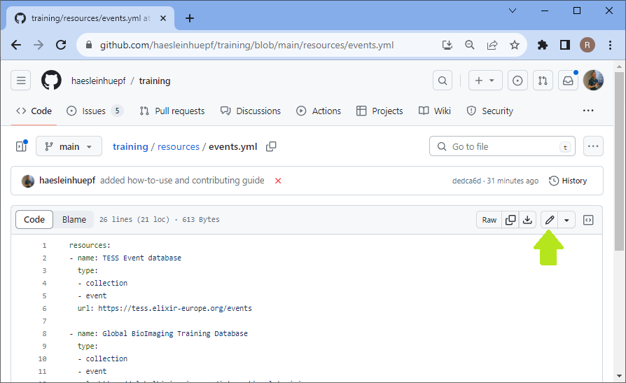 Screenshot showing the events.yml file with an arrow pointing at the edit button