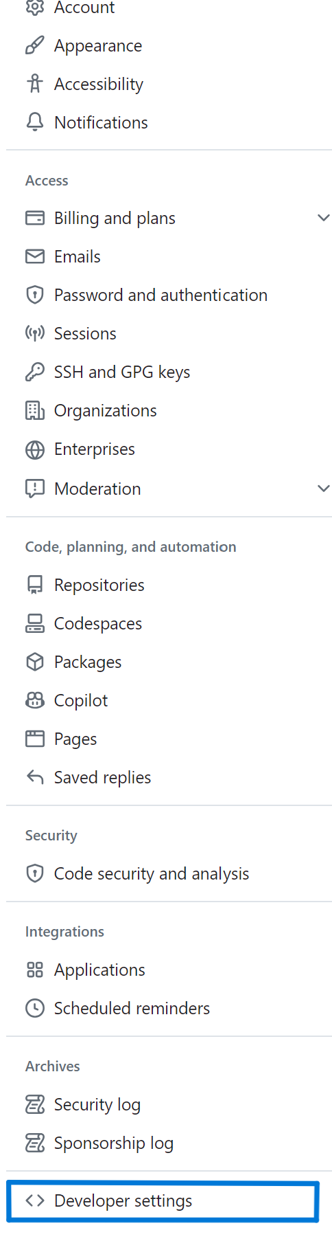 Screenshot showing how to find the API Token setting on your github